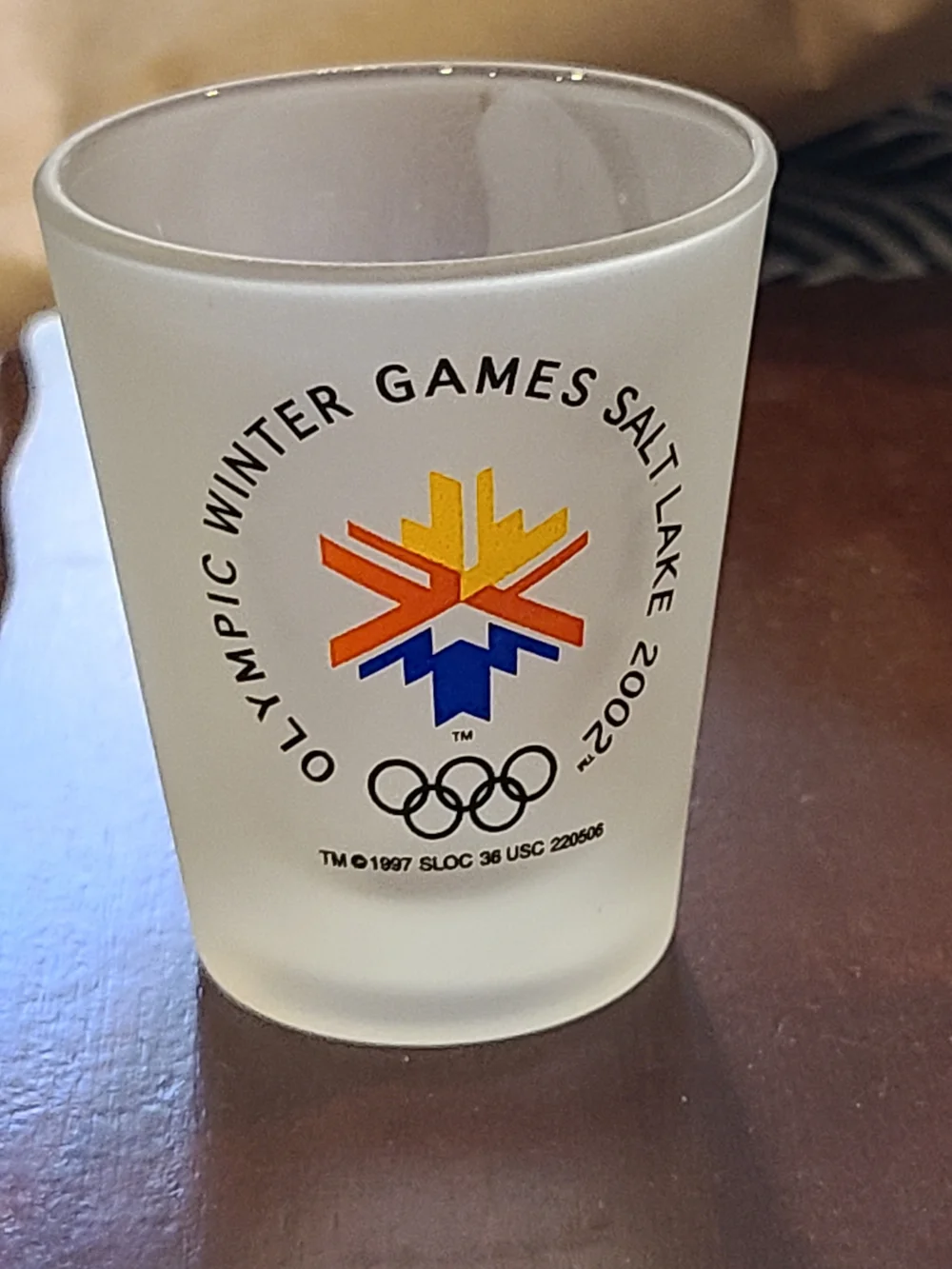 Vintage Frosted Shot Glass with Multi-Color Olympic Logo